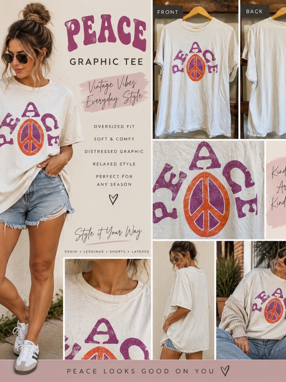 Boutique Oversized Peace Sign Graphic Tee Ivory Purple Orange